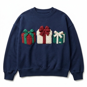 Sweat-shirt à col rond surdimensionné pour homme, en molleton d'hiver, avec motif de boîte cadeau en appliqué 3D, haut décontracté - Product Image 1