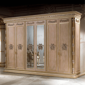 High End Italian Neoclassical Solid Wood Wardrobe Natural Wood Gold Accent & <b>Mirror</b> Closet Luxury Customized Bedroom Furniture - Product Image 1