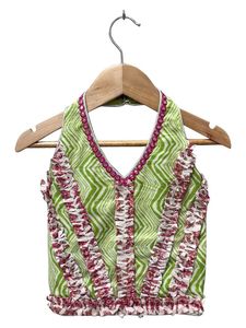 เสื้อทวิชาผ้าฝ้ายทอแขนกุดพิมพ์ลายพร้อมเลเฮนกาพิมพ์ลาย-สีเขียวมะกอกและสีชมพู - Product Image 2