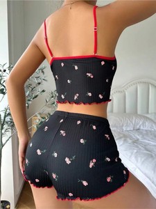 Conjunto de Pijama de Mujer con Estampado Floral y Tejido Acanalado, Camiseta y Pantalones Cortos, Ropa de Dormir Dulce y Cómoda para el Verano - Product Image 3
