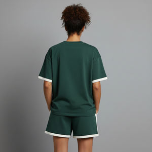Ensemble deux pièces pour femme, grande taille, épaules tombantes, haute qualité, 100% coton, deux tons, streetwear hip hop, short. - Product Image 3