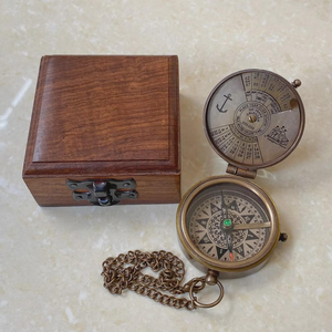 Vintage Brass <b>Compass</b> Perpetual Calendar Handmade Nautical Pocket <b>Compass</b> with <b>Chain</b> Wooden Box Antique Maritime Navigation Gift - Product Image 1