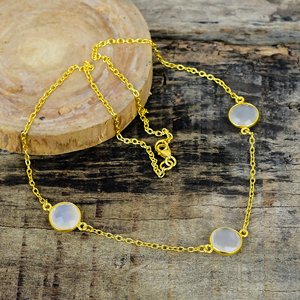 Natural White Onyx Round Shape Charm Gemstone <b>Chain</b> Necklace 18k Gold Micron Over 925 Sterling Silver - Product Image 1