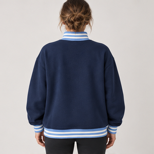 <b>Women's</b> <b>Navy</b> Mock Neck Sweatshirt with White Striped Trim Varsity Letters Long Sleeve Custom Logo - Product Image 3