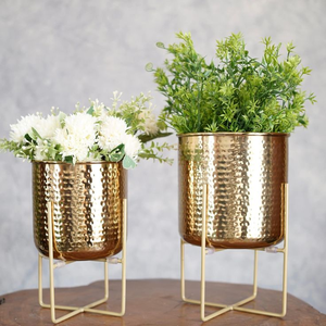 Grandes jardinières décoratives en laiton pour plantes, pots à fleurs dorés de luxe, design martelé vintage, pour la maison et le jardin, écologiques et légers - Product Image 5