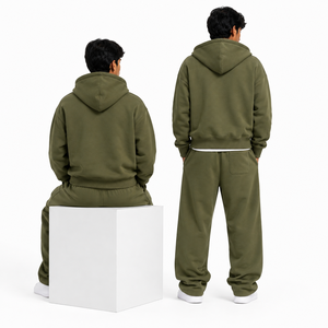 Ensemble de survêtement polaire 2 pièces pour homme, coupe décontractée, couleur unie, 100% coton, streetwear, avec logo personnalisé, fournisseur en gros - Product Image 2