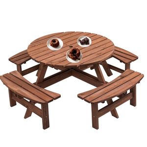 Tavolo da Picnic Circolare in Legno per 8 Persone con 3 Panche Integrate per Patio, Cortile o Giardino - Grigio - Product Image 6