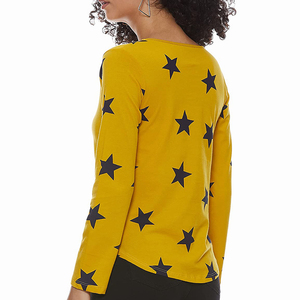 T-shirt jaune pour femme, T-shirt à manches longues, T-shirt à imprimé étoile, T-shirt à col rond, haut en coton tricoté décontracté, coupe régulière, toutes saisons - Product Image 2