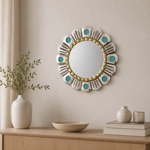 Miroir mural de luxe en forme de feuille dorée avec cadre métallique, miroir décoratif écologique pour salon, couloir, hôtel - Vente flash - Product Image 1