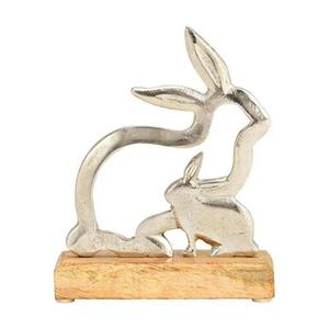 Sculpture de famille de lapins argentés sur base en bois, décoration animale moderne pour Pâques, décoration de table de printemps, designs personnalisables - Product Image 1