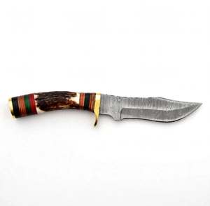 Outil utilitaire d'extérieur artisanal en acier Damas, manche en bois Micarta empilé avec corne de cerf naturelle, garde en laiton - Product Image 5