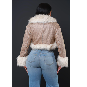 <b>Women's</b> Faux <b>Suede</b> Bomber <b>Jacket</b> With Fur Trim Collar And Cuffs Winter Thick Windproof Short Coat For <b>Women</b> - Product Image 4