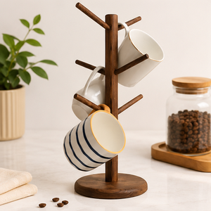 Porte-tasses moderne en bois massif de qualité supérieure avec 6 crochets, support écologique pour tasses à café, pour comptoir de cuisine - Product Image 4