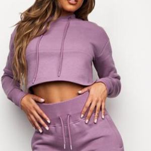 Conjunto Deportivo de Sudadera con Capucha y Top Corto, Diseño Moderno, Color Morado Sólido, Corte Regular, con Logotipo Personalizado, para Mujer, en Felpa Gruesa - Product Image 3