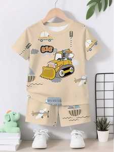 Conjunto de Verano de 2 Piezas para Niños Pequeños, Camiseta y Pantalones Cortos con Estampado de Vehículos de Dibujos Animados, Alta Calidad, Personalizable - Product Image 3