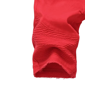 Shorts en jean décontractés pour hommes, coupe ample, déchirés rouges, avec poches zippées, jambe droite, style été, streetwear cool - Product Image 5