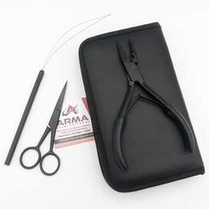 Kit d'outils de pose d'extensions capillaires Microlink noir mat de haute qualité, pinces, ciseaux en acier inoxydable, pinces à cheveux à boucle avec logo - Product Image 1