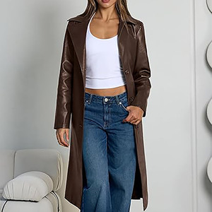Chaqueta Larga de Cuero Sintético para Mujer, Estilo Gabardina, con Solapa, Frente Abierto, Diseño con Cinturón, Forro de Piel Sintética, Impermeable, Personalizada - Product Image 4