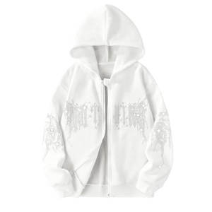 Sudadera con capucha y cremallera con pedrería brillante para mujer, adornada con cristales, color blanco glamuroso. - Product Image 1