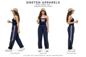 ONETEN APPARELS Conjunto Deportivo Azul Marino para Mujer OA-80, Pantalones Deportivos 100% Poliéster con Rayas Blancas y Diseño del Número 80 - Product Image 3