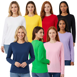 Camiseta de Manga Larga con Cuello Redondo para Mujer, Color Sólido, 100% Algodón, Corte Regular, Tejido Jersey Informal, Impermeable, 120g, para Todas las Temporadas - Product Image 1