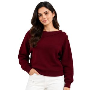 Pull en tricot rouge bordeaux pour femme, détail bouton doré sur l'épaule, col asymétrique, manches longues, pull décontracté élégant, mode d'hiver - Product Image 1