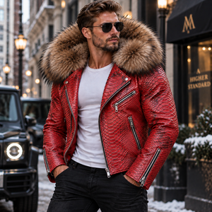 Men's Embossed Python <b>Leather</b> <b>Biker</b> <b>Jacket</b> Breathable Summer Casual Style - Product Image 2