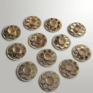 <b>Round</b> <b>Gold</b> Tea Light Holder with Pearl and Floral Design for Wedding Home Decoration <b>Mirror</b> Style Candle Holder - Product Image 6