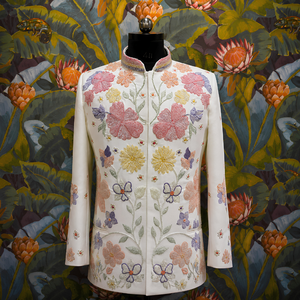 Sherwani para Hombre con Cuello Mandarín, Diseño Prado Primaveral, Sin Arrugas, para Bodas y Fiestas, Base de Lachka TR Premium, Ropa Tradicional - Product Image 1