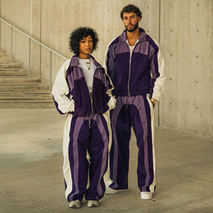 Conjunto unisex de sudadera con capucha y pantalones de chándal con cremallera, diseño personalizado, estilo urbano oversize, chaqueta de chándal de pana con patchwork para correr - Product Image 4