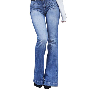 Pantalon évasé tendance Muzamin pour femme, taille mi-haute, coupe classique, jean bleu pleine longueur avec poches, style vintage urbain - Product Image 1