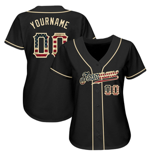 Camiseta de Béisbol Negra Personalizada para Mujer, Cuello en V, Manga Corta, Botones, Nombre del Equipo 00, Estampado de Bandera, Absorbe la Humedad, Ajustada - Product Image 1