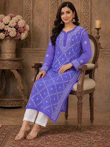 Elegant Traditional Georgette Chikankari <b>Kurti</b> - Purple Lucknowi Thread Embroidered Women Festive And Casual Wear <b>Kurti</b> - Product Image 2