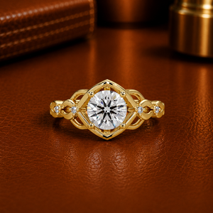 Anillo de compromiso y boda vintage con banda solitaria cruzada de oro macizo de 14K, diamante cultivado en laboratorio de corte redondo certificado por IGI - Product Image 1