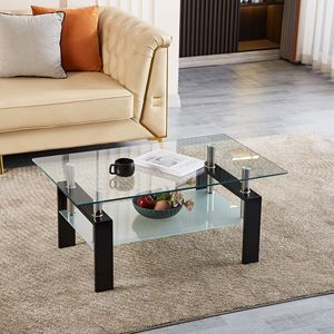 2-Layer Tempered <b>Clear</b> Glass Coffee <b>Table</b> for Living Room As Centerpiece - Product Image 3