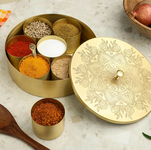 Premium <b>Iron</b> Masala Dabba Round Spice Storage Box with <b>7</b> Removable Containers Decorative Engraved Lid for Kitchen Organization - Product Image 5