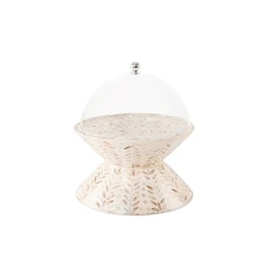 Refined mother of pearl <b>cake</b> <b>stand</b>, sophisticated mosaic ivory leaf footed tray with glass <b>cover</b> for event styling - Product Image 1