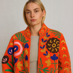 Orange Velvet Bomber <b>Jacket</b> With Hand Embroidered Floral Pattern Stand Collar Zipper Closure Full Sleeve Women's Autumn <b>Jacket</b> - Product Image 2