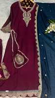 Ensemble de costume pour femme en soie artificielle lourde, brodé, style Salwar Kameez avec dupatta, pour occasions spéciales