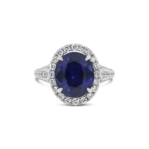 Bague de cocktail en or massif 18 carats avec saphir bleu de Sri Lanka taille ovale facettée 100 % naturel 5,62 ct et diamant 0,86 ct – Bijoux raffinés - Product Image 1