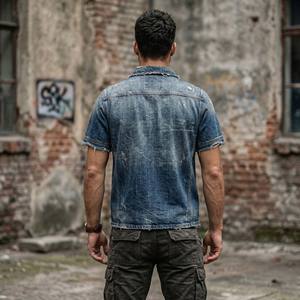Polo de Mezclilla Vintage Personalizado para Hombre, Estilo Urbano, con Bordes Deshilachados, Manga Corta, Polo de Mezclilla Gruesa para Hombre - Product Image 3