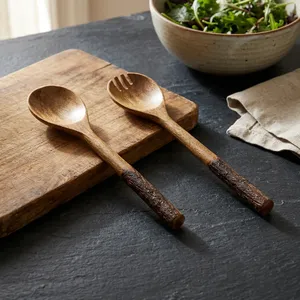 Vintage Acacia Wood Flatware Set Salad Servers Dinnerware <b>Tongs</b> Spoon Fork Eco-Friendly Kitchen Utensils for Giveaways - Product Image 4