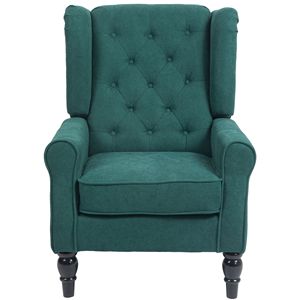 Poltrona con Schienale Alto Verde Scuro, Braccioli Rotondi Trapuntati con Bottoni, Gambe in Legno per Soggiorno - Product Image 1