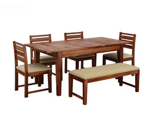 Ensemble de table à manger extensible en bois de Sheesham pour 6 personnes avec finition miel, 4 chaises rembourrées avec banc, ensemble de table de cuisine 6 pièces - Product Image 3