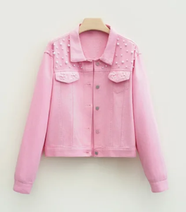Women's <b>Denim</b> Jacket With Beading Vintage Casual Stonewashed Cotton <b>Coat</b> Autumn Style Regular Fit Solid Color Long Sleeve - Product Image 6