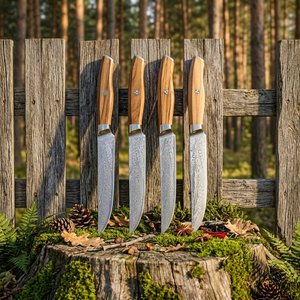 Ensemble de couteaux à steak en acier Damas faits à la main, 4 pièces, manche en bois avec étui en cuir, couteaux de survie professionnels de style Viking - Product Image 3