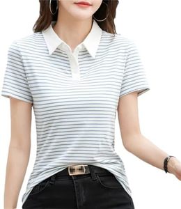 Polo décontracté pour femme en tissu piqué rayé épais, coupe classique, couleur unie, design épuré - Product Image 1