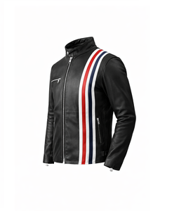 <b>Men's</b> Autumn Black PU Leather Windproof Front Moto <b>Jacket</b> Red <b>White</b> Blue Stripe Stand Collar Zipper Closure Slim Fit Regular - Product Image 2