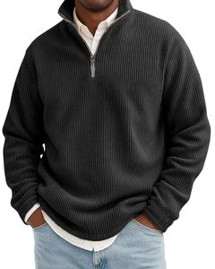 Pull en maille à col montant zippé pour homme, manches longues, couleur unie, coupe classique, décontracté, pour l'automne, 100 % coton, anti-boulochage - Product Image 1