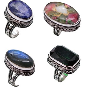 Assorted Natural Gemstone Christian Wedding & Party <b>Rings</b> Vintage Oval Cut <b>Chunky</b> Sterling <b>Silver</b> Plated Statement Jewelry - Product Image 5